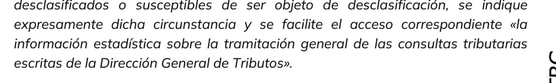A detail from page 8, enlarged. The sentence quoting the citizen's request ends on a clause about statistical information on written tax queries to the Directorate-General for Taxation, inside the same quotation marks and with no break. It is template text from an unrelated tax transparency case, sitting inside the operative part of an order about UFO records.