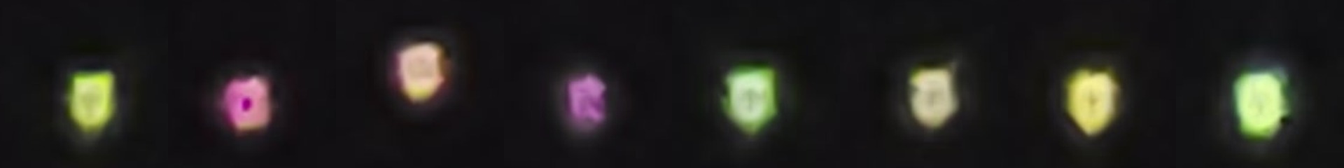 The object tracked across eight samples taken at one and a half second intervals from the original quality file. Each panel is a crop centred on the brightest point in that frame rather than a fixed position, so the object stays in view while it drifts. Across twelve seconds it cycles green, magenta, orange white, magenta, green, cream, yellow and green white, and holds the same squared off outline with a darker middle throughout. This is chromatic scintillation of a bright star low in the sky, recorded through a lens that cannot focus on a point source at full digital zoom.