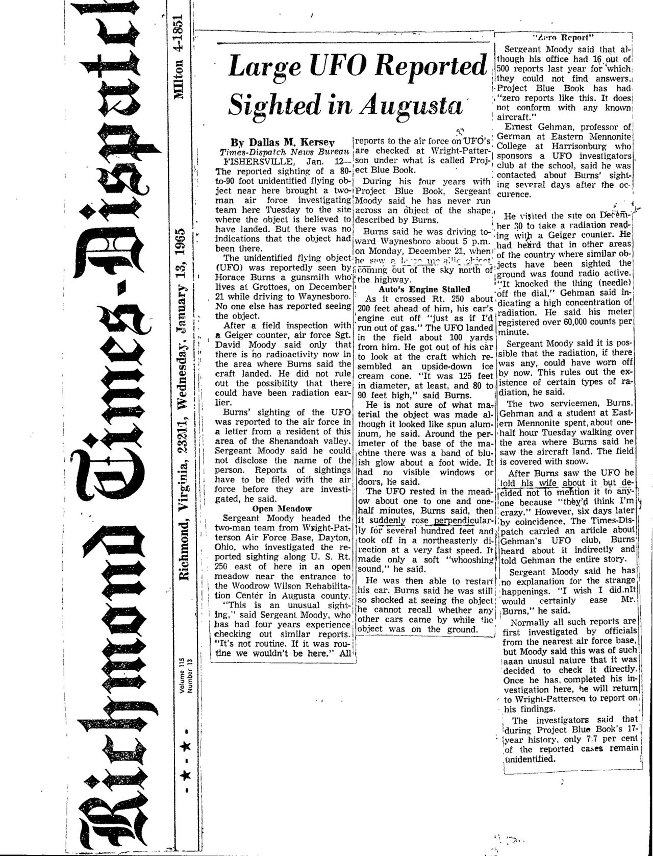 The primary NICAP case file (CUFOS scan) for the 21 December 1964 Horace Burns landing near Fishersville, Virginia. It contains the contemporary newspaper coverage and Professor Ernest Gehman's line sketch of the cone-shaped object, drawn from Burns's description (no photograph of the object was ever taken). The sketch is a witness-derived drawing, not a photograph.