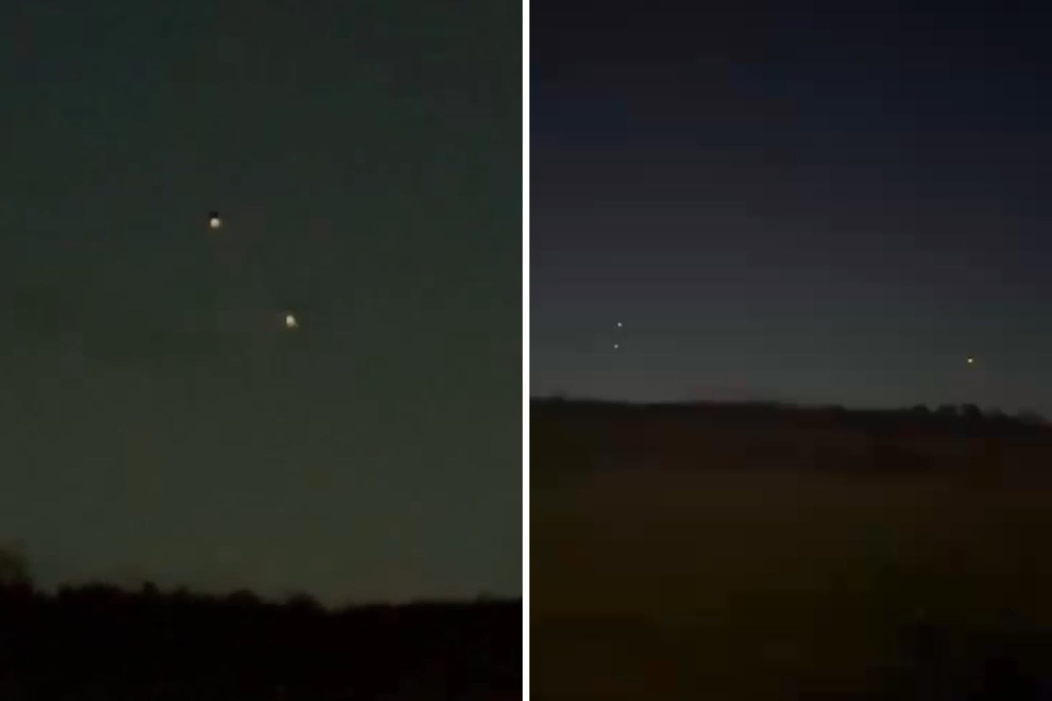The only published imagery of the Meander Valley lights. This is a two panel COMPOSITE assembled by Pulse Tasmania from witness footage supplied via Mayor Wayne Johnston, not a single photograph. Left panel: two soft, slightly out of focus white and amber points high above a black treeline against a dark night sky. Right panel: a separate twilight scene over a dark ridge and an unlit field, showing three small hard white points low near the horizon, two of them closely paired. No structure, shape or connecting body is visible in either frame.