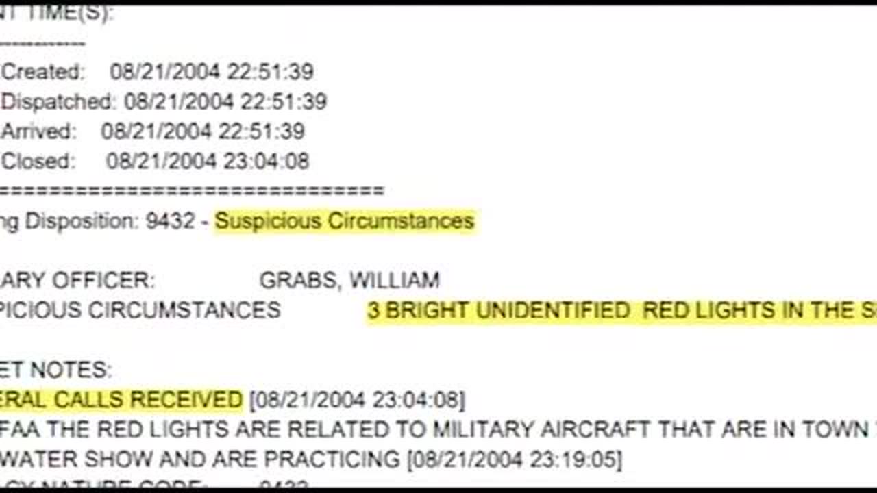 The Tinley Park police dispatch record for the night of 21 August 2004, logging "3 bright unidentified red lights in the sky" and, hours later, the FAA's response that the lights were military aircraft in town for the water show. Shown in Mike Newren's documentary "The Lights."