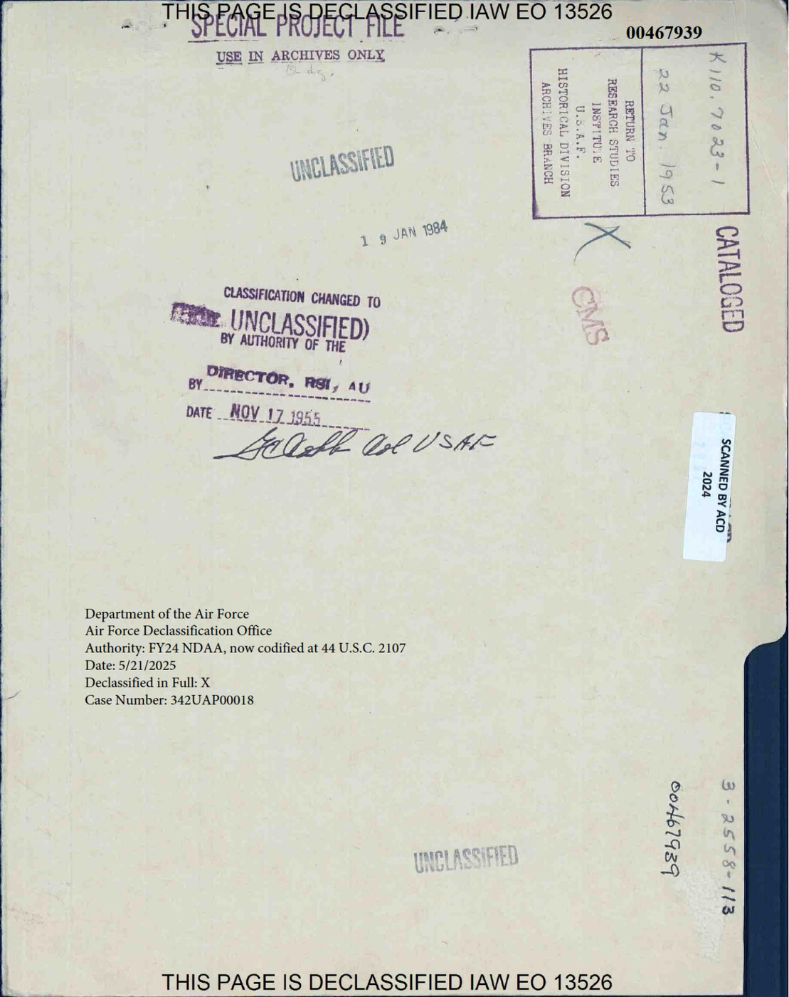 The folder cover, stamped SPECIAL PROJECT FILE and USE IN ARCHIVES ONLY, with the Research Studies Institute return block dated 22 January 1953 and an archival stamp of 19 January 1984. The block at lower left is the modern release: Department of the Air Force, Air Force Declassification Office, Authority FY24 NDAA now codified at 44 U.S.C. 2107, dated 21 May 2025, declassified in full, case number 342UAP00018.
