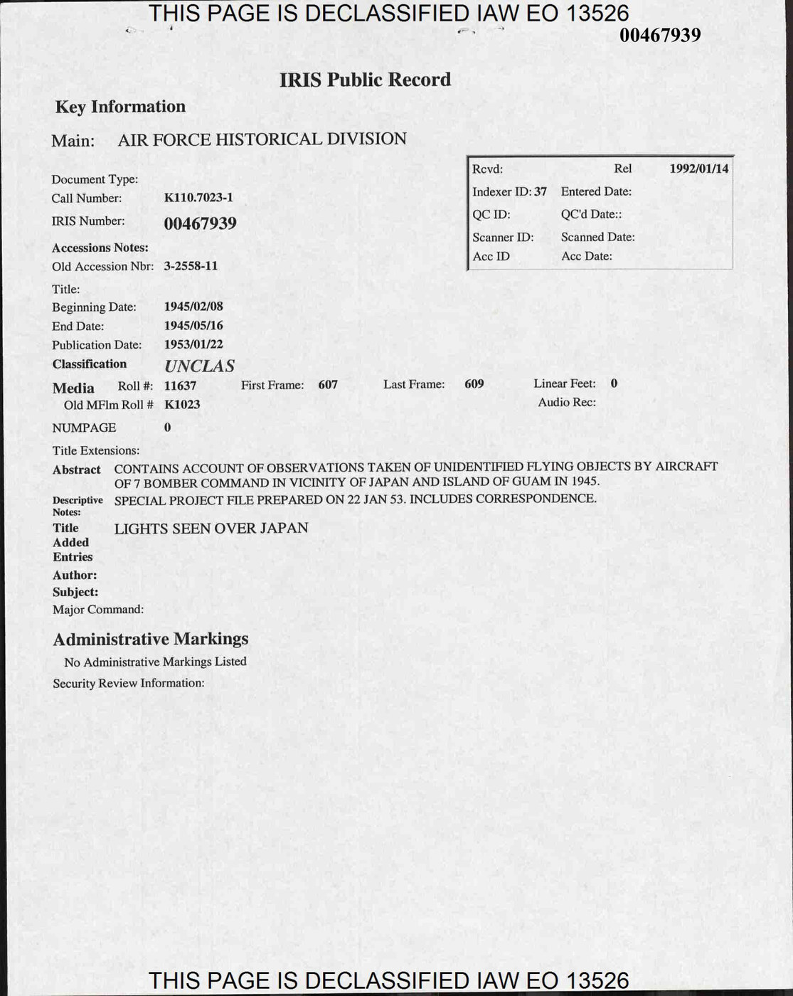 The IRIS public record for the file, which is where the catalogue title and the real content part company. The title reads Lights Seen Over Japan and the publication date is 22 January 1953, but the beginning and end dates are 8 February 1945 and 16 May 1945 and the abstract states that the file contains an account of observations of unidentified flying objects by aircraft of 7 Bomber Command in the vicinity of Japan and the island of Guam in 1945.