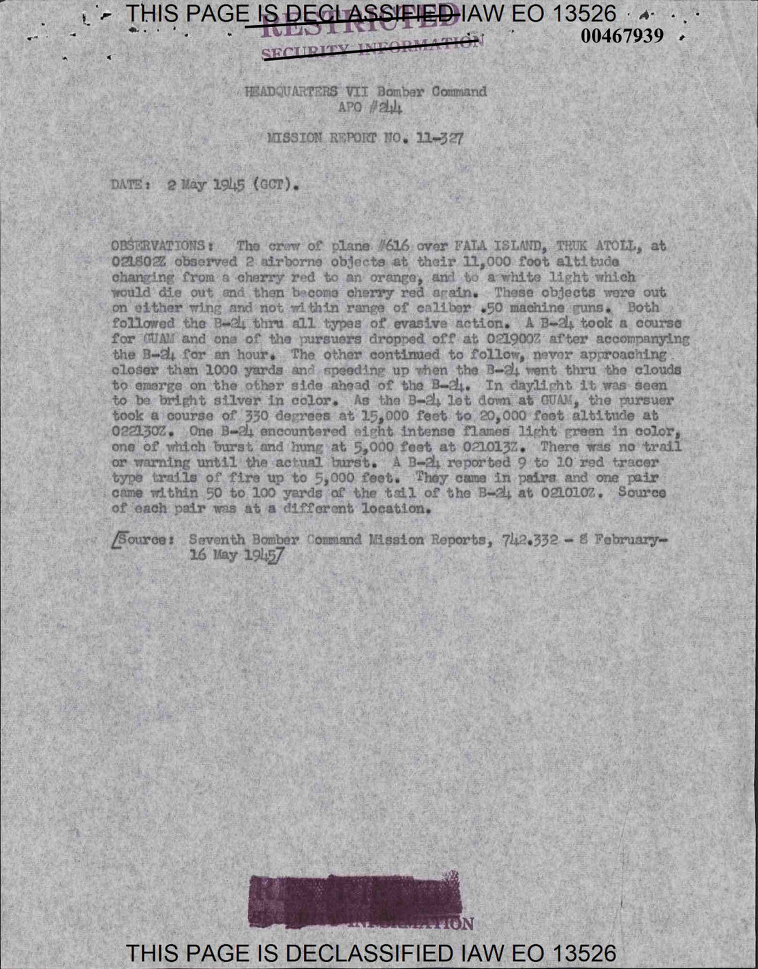 The Truk Atoll Foo Fighters: Two Objects Paced a B-24 from Truk to Guam, 2 May 1945