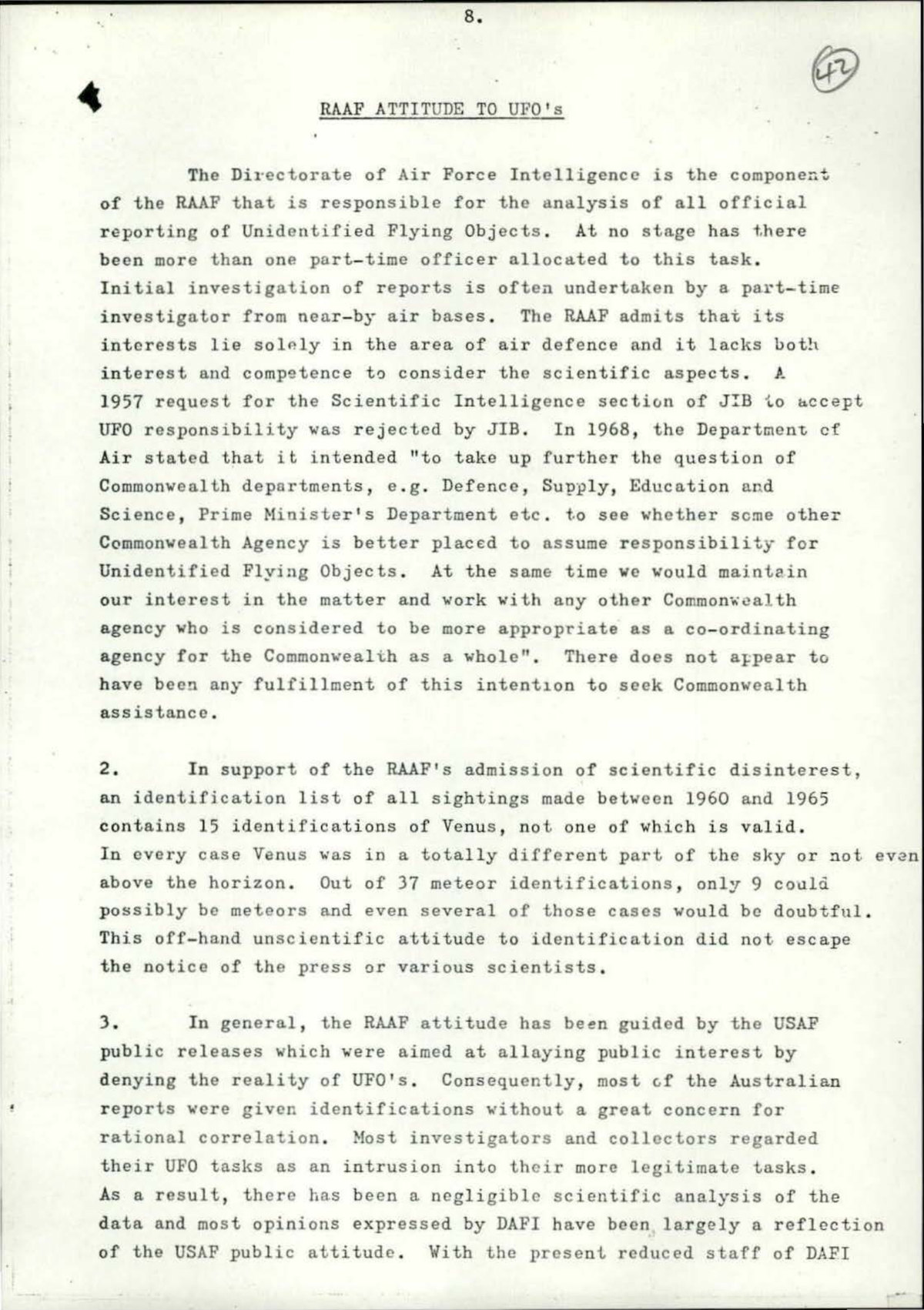 Page 17 of the scan (folio 42), headed RAAF ATTITUDE TO UFO's: Turner records that the Directorate of Air Force Intelligence never had more than one part-time officer on the task, and that of 15 identifications of Venus made between 1960 and 1965 not one is valid, with 9 of 37 meteor identifications possible at best.