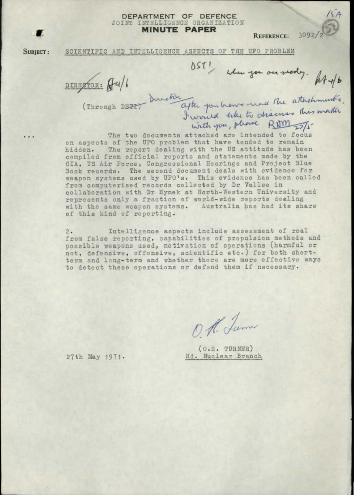 Page 7 of the scan (folio 52), the Department of Defence minute paper that transmits the assessment, headed SCIENTIFIC AND INTELLIGENCE ASPECTS OF THE UFO PROBLEM and signed in type (O. H. TURNER), Hd. Nuclear Branch, dated 27th May 1971.
