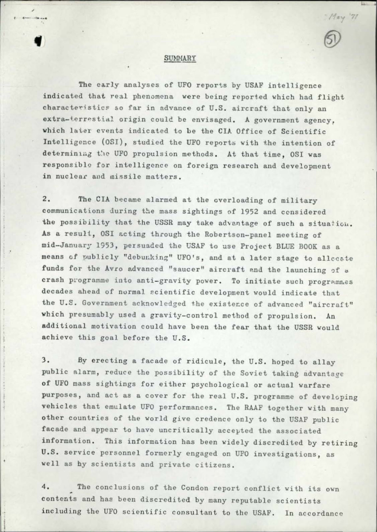 Page 8 of the scanned file (archival folio 51): the opening summary of Oliver Harry Turner's assessment, containing the passage stating that the CIA Office of Scientific Intelligence, acting through the Robertson panel, persuaded the USAF to use Project Blue Book as a means of publicly debunking UFOs.