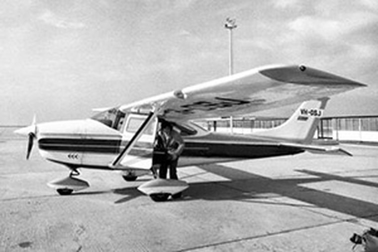 The actual lost aircraft: Cessna 182L Skylane VH-DSJ (construction number 18258572) photographed at Essendon Airport in 1974, four years before Frederick Valentich vanished while flying it over Bass Strait on 21 October 1978. This is a genuine period photograph of the real aircraft, not a re-creation.