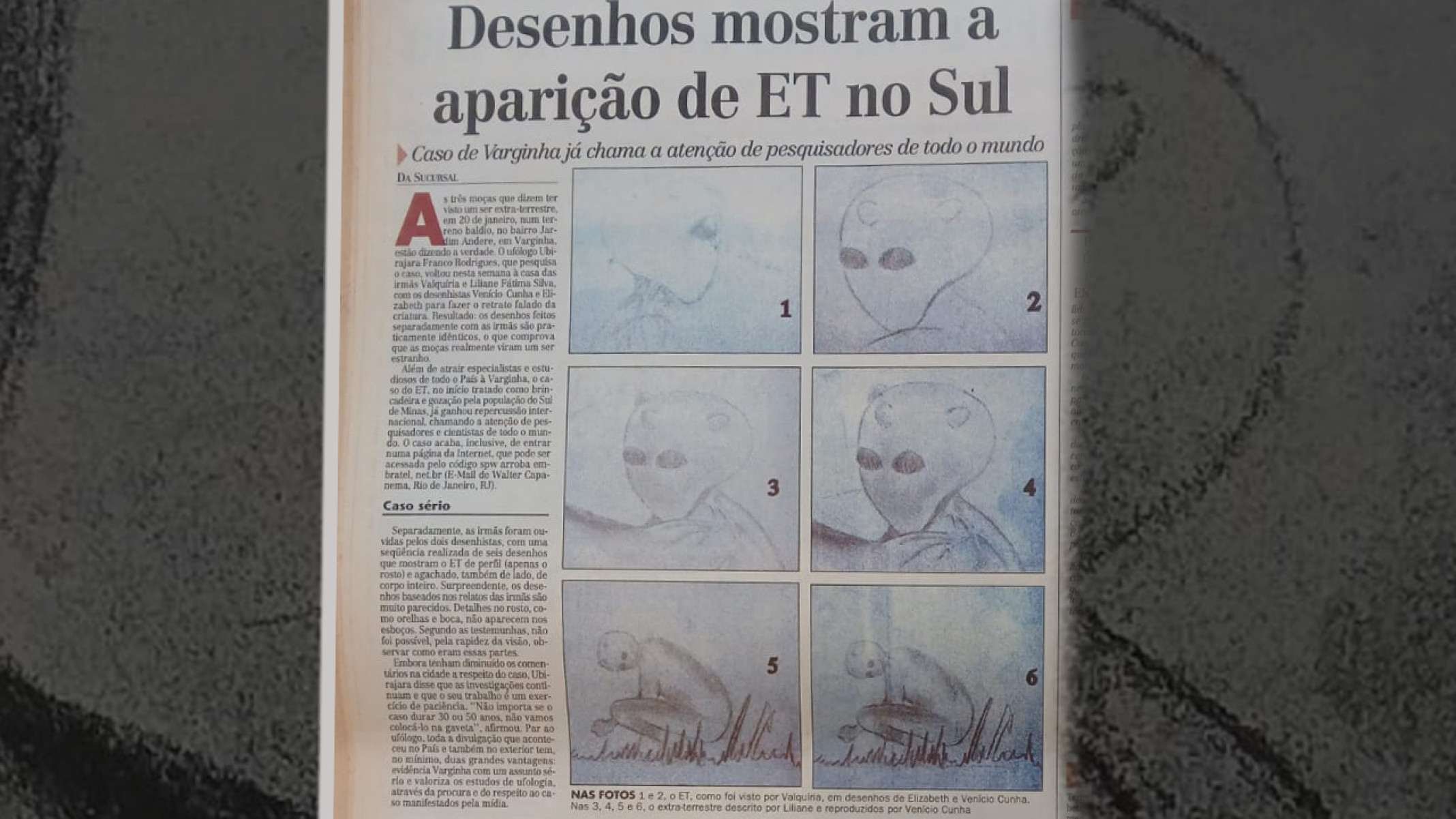 The 1996 Estado de Minas page "Desenhos mostram a aparicao de ET no Sul", reproducing the six witness-directed sketches of the creature described by the witnesses Valquiria and Liliane, drawn with them by investigator Ubirajara Rodrigues and his team.