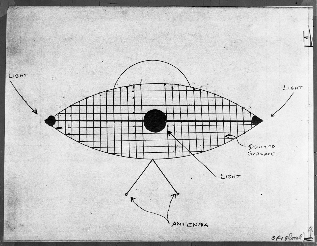 Real period law-enforcement sketch, not a photograph and not of the Vicksburg object. This is the drawing of the UFO reported over the Mannor farm near Dexter on 20 March 1966, made by Sheriff's Cpl. David B. Severance from descriptions given by about a half-dozen Washtenaw County deputies and area residents, published in the Ann Arbor News on 21 March 1966. It is used here as the canonical contemporary document of the spring 1966 Michigan wave that the Vicksburg / Udvardy encounter of 31 March belongs to. No photograph or sketch of the Vicksburg disc itself is known to exist.