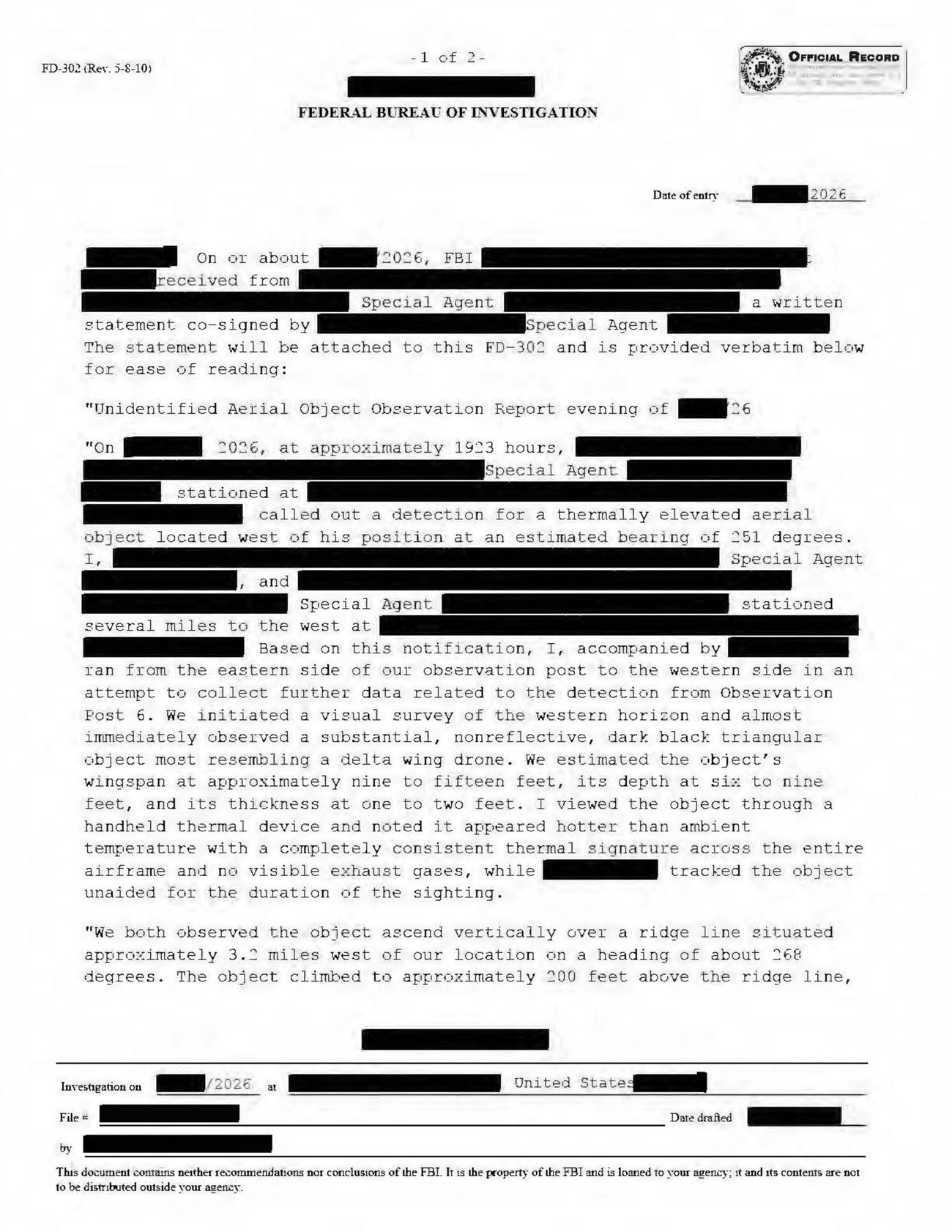 Page 1 of FBI form FD-302 (FBI-UAP-D043), carrying the agents' co-signed statement verbatim. The rendered page gives the figures the document's own text layer garbles: 1923 hours, bearing 251 degrees, heading 268 degrees, a ridge 3.2 miles west, and a wingspan of nine to fifteen feet (public domain).