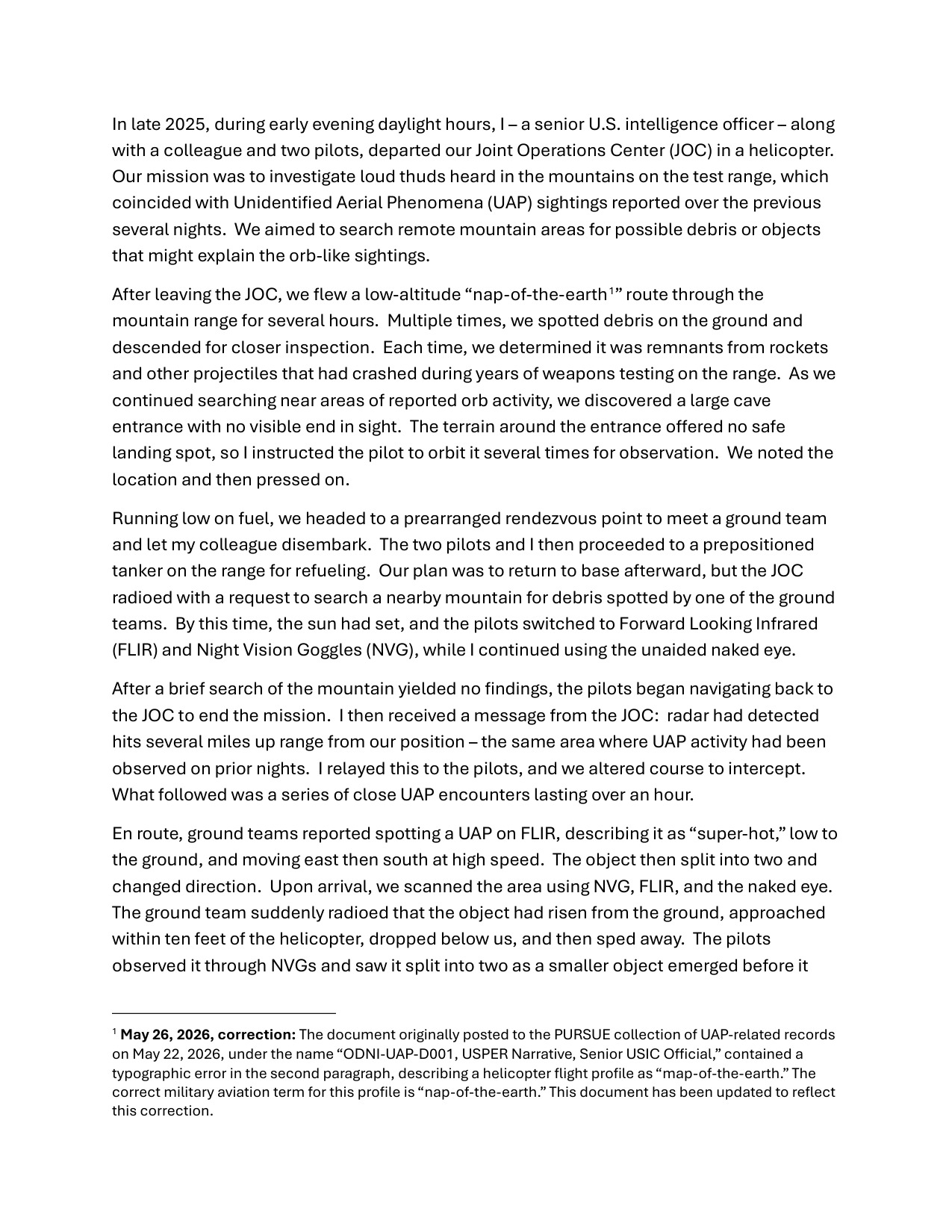 The first page of ODNI-UAP-D001, the senior intelligence officer own written narrative, as released by the Department of War under PURSUE. This is the released document itself, not an image of the reported objects. No photographs of the encounter exist, because the officer states in this very document that he did not take any.