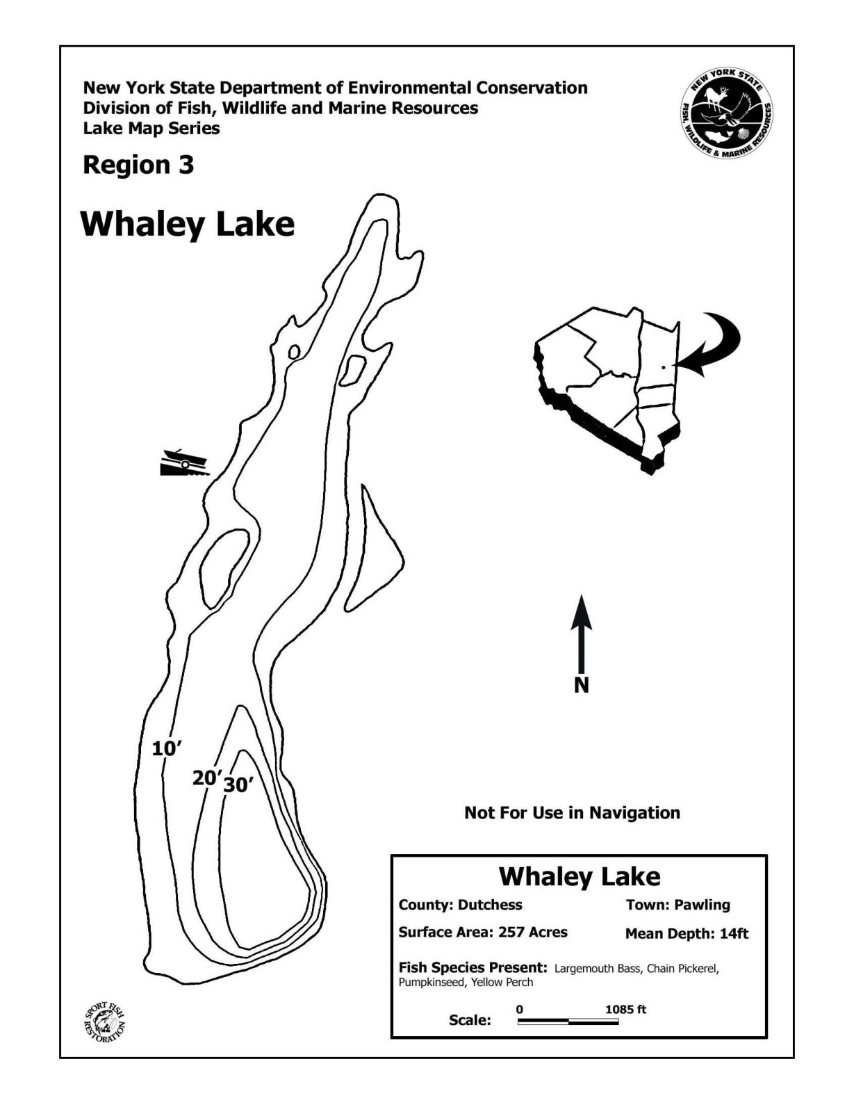 New York State Department of Environmental Conservation survey map of Whaley Lake, Pawling, Dutchess County, the site of the 1984 sighting.