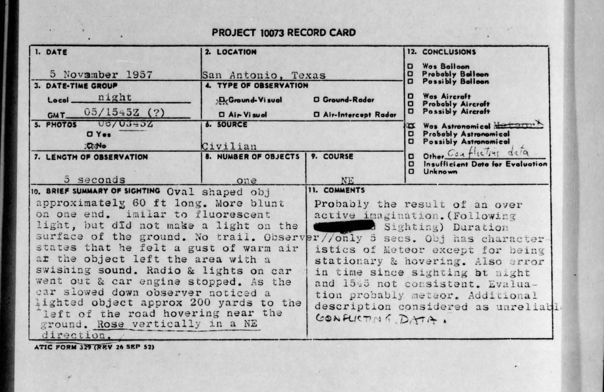 Page one of the US Air Force Project Blue Book "Project 10073 Record Card" for the sighting of 5 November 1957, San Antonio, Texas. This is a scanned microfilm document, not a photograph of the object. The card logs a ground visual sighting by a civilian, one object, length of observation 53 seconds, and summarises an "oval shaped object approximately 60 ft long" that hovered about 200 yards from the road while the car's "radio and lights went out and car engine stopped". The comments block carries the Air Force's entire disposition of the case: "Probably the result of an over active imagination."
