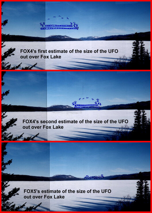 The size estimates given by FOX4 and FOX5, marked by the witnesses themselves on panoramic photographs of Fox Lake taken with a standard 50 mm lens so that angular sizes would not be distorted. FOX4 gave two estimates, of 12.8 and 8.44 degrees; FOX5 gave 3.95 degrees. Projected to the 8 km range established from the simultaneous Fox Lake observations, these produced lengths of 1.8 km, 1.2 km and 0.88 km.