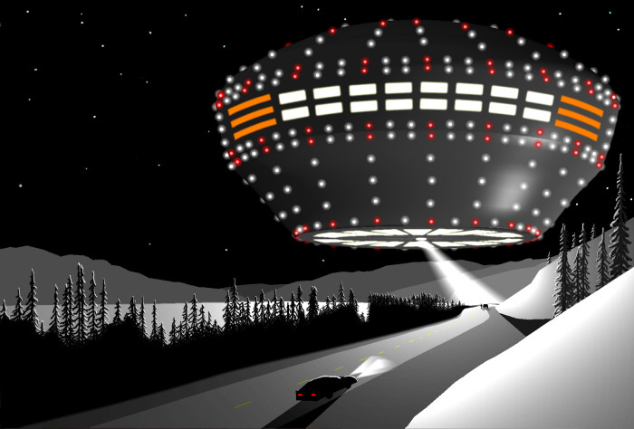 A reconstruction drawn by the investigator, not a photograph and not a witness drawing. It renders the moment FOX3 described, watching his cousin FOX2 stop on the Klondike Highway beneath the object over Fox Lake. It is included because it is how the case has been pictured ever since, including on the cover of the MUFON UFO Journal in February 2000, and it should be read as an illustration of testimony rather than as evidence.