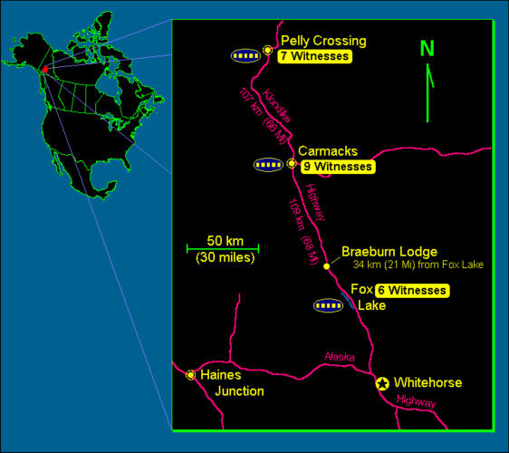 The investigator's own map of the event, showing the three sighting clusters along the Klondike Highway: Fox Lake with six witnesses, Carmacks with nine, and Pelly Crossing with seven, spread over 216 km. Braeburn Lodge, where several of the Fox Lake witnesses stopped and described what they had seen, is marked 34 km north of the lake.